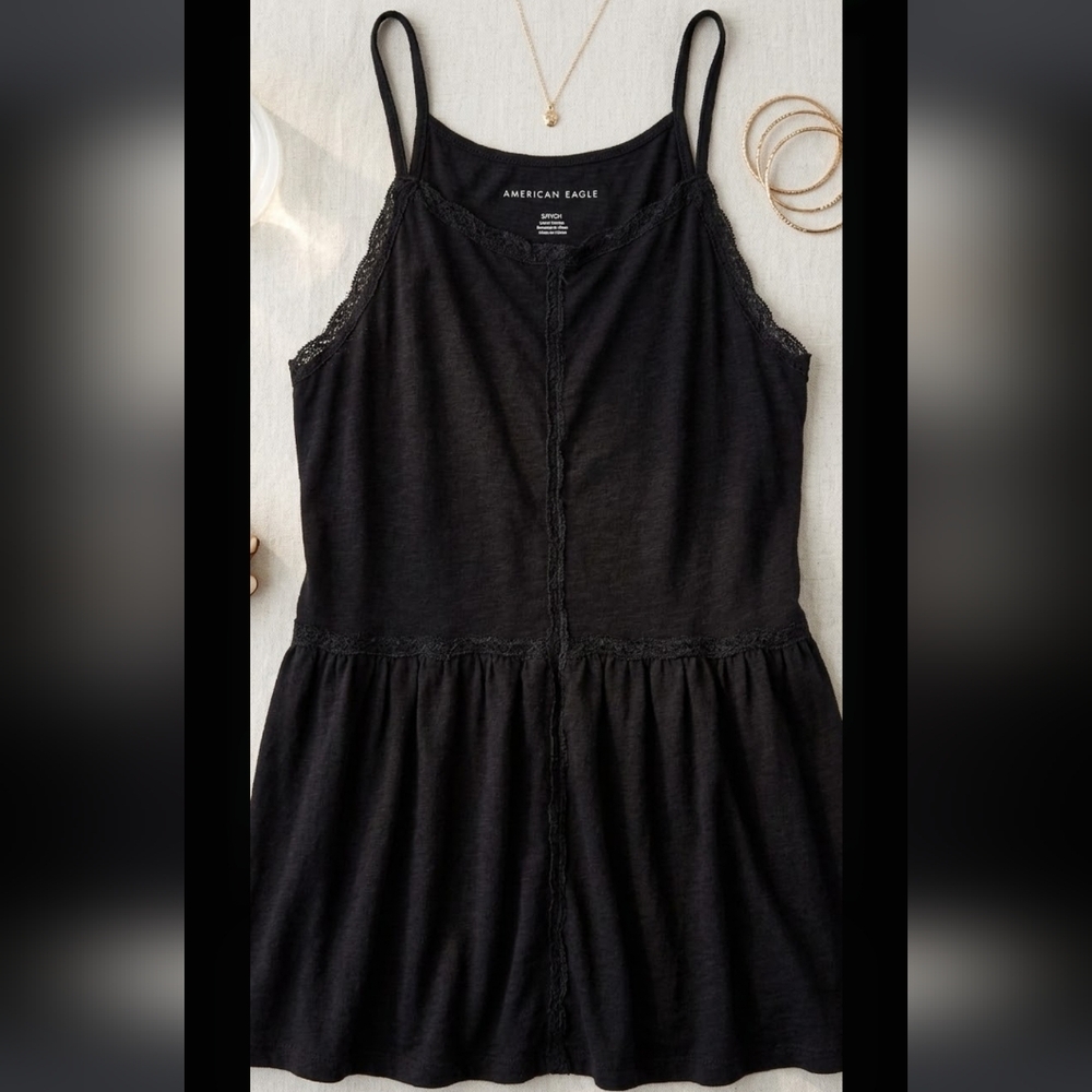American Eagle Black Lace-Trim Top